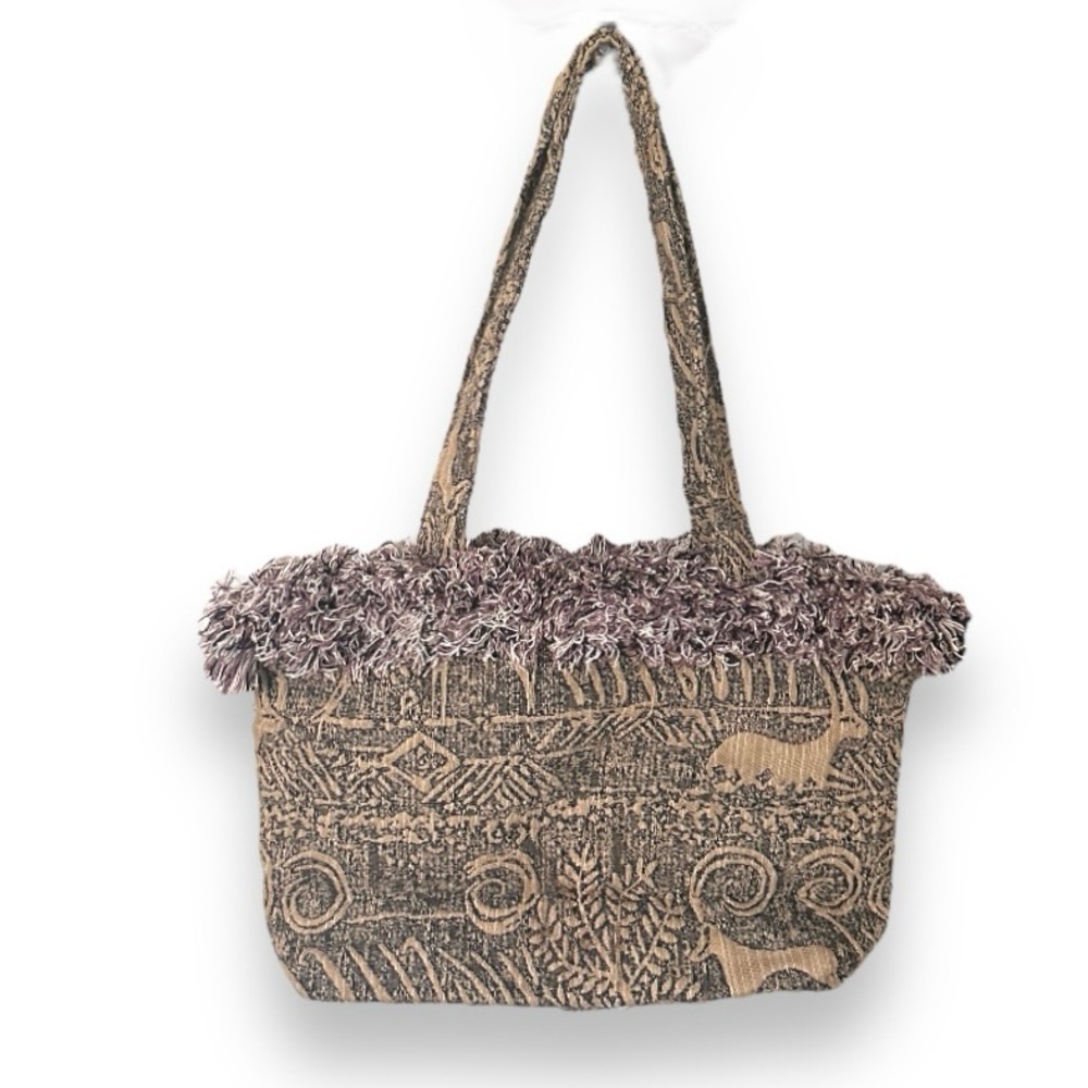 Vintage Snooksacks Tribal Animal Tapestry Fringe Trim Shoulder Bag Beige Boho - Picture 2 of 13
